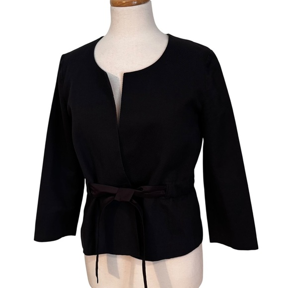 Theory Linen Cotton Blend Blazer Jacket with Ribbon Tie Black Size 8 - Picture 2 of 11